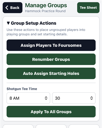 SideBet Golf expanded group setup actions screen