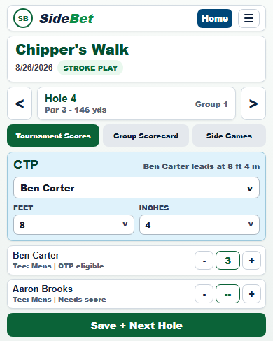 SideBet Golf par-three scoring screen with CTP feet and inches