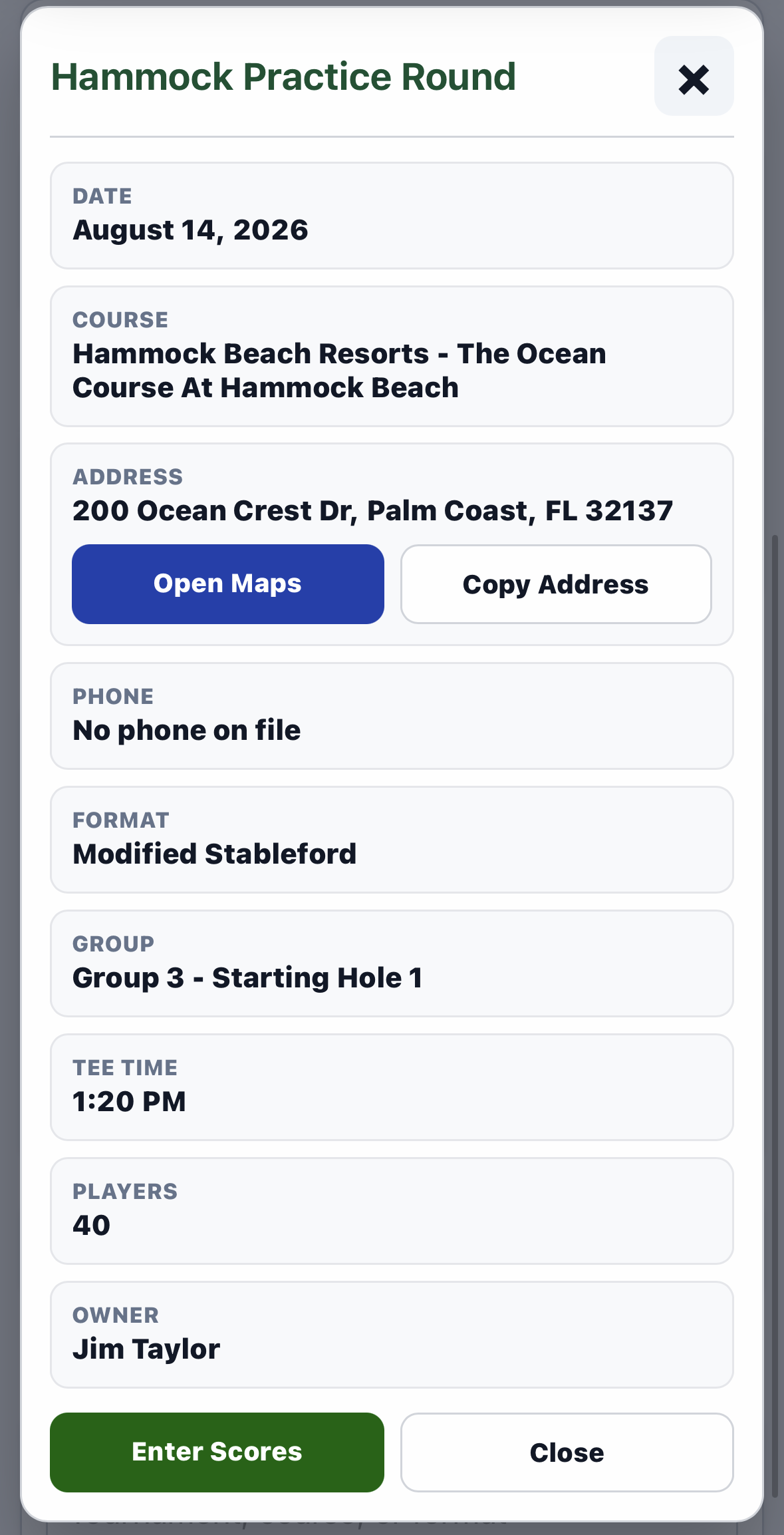 Upcoming tournament details with course and starting information