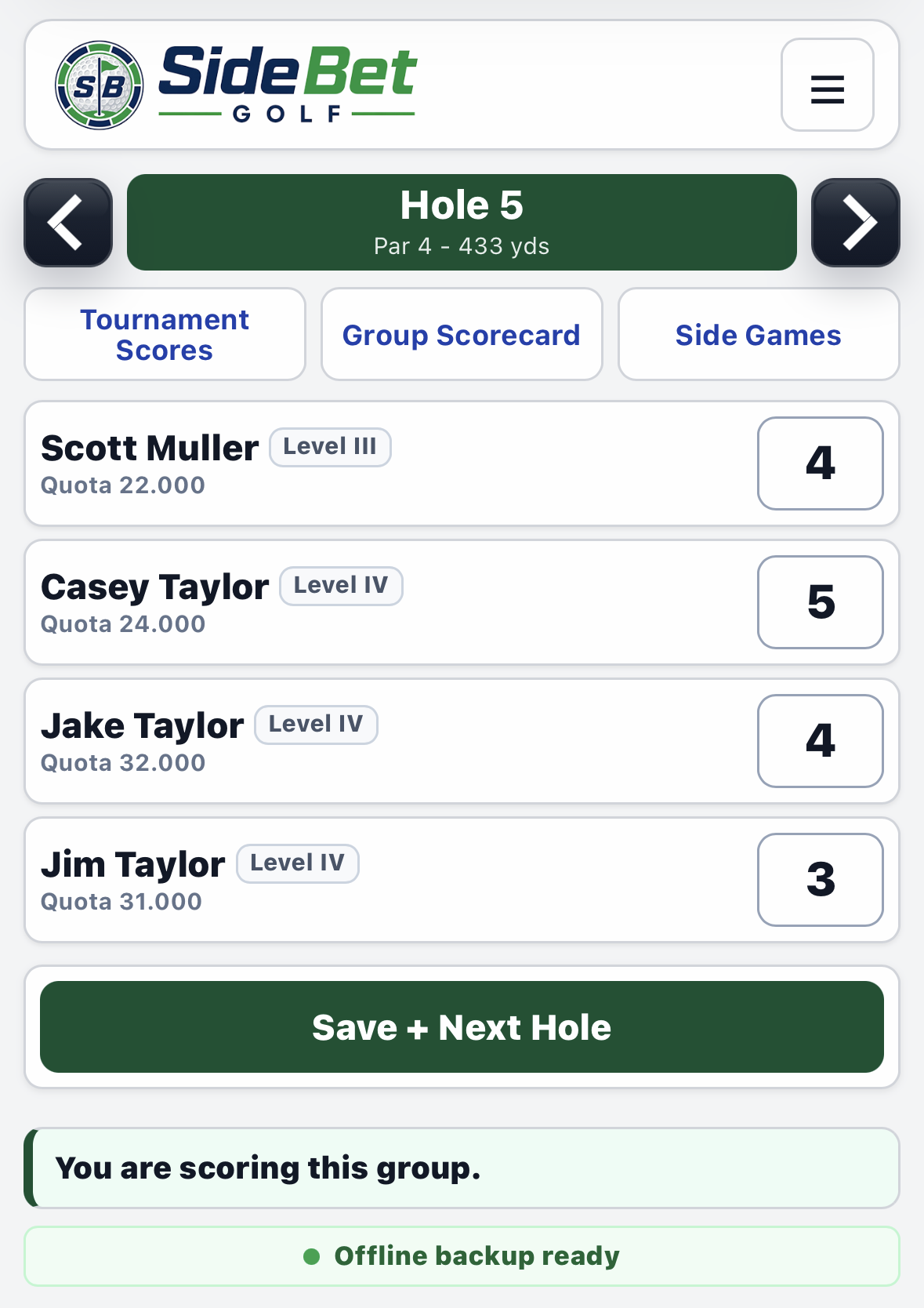 SideBet Golf mobile tournament scoring