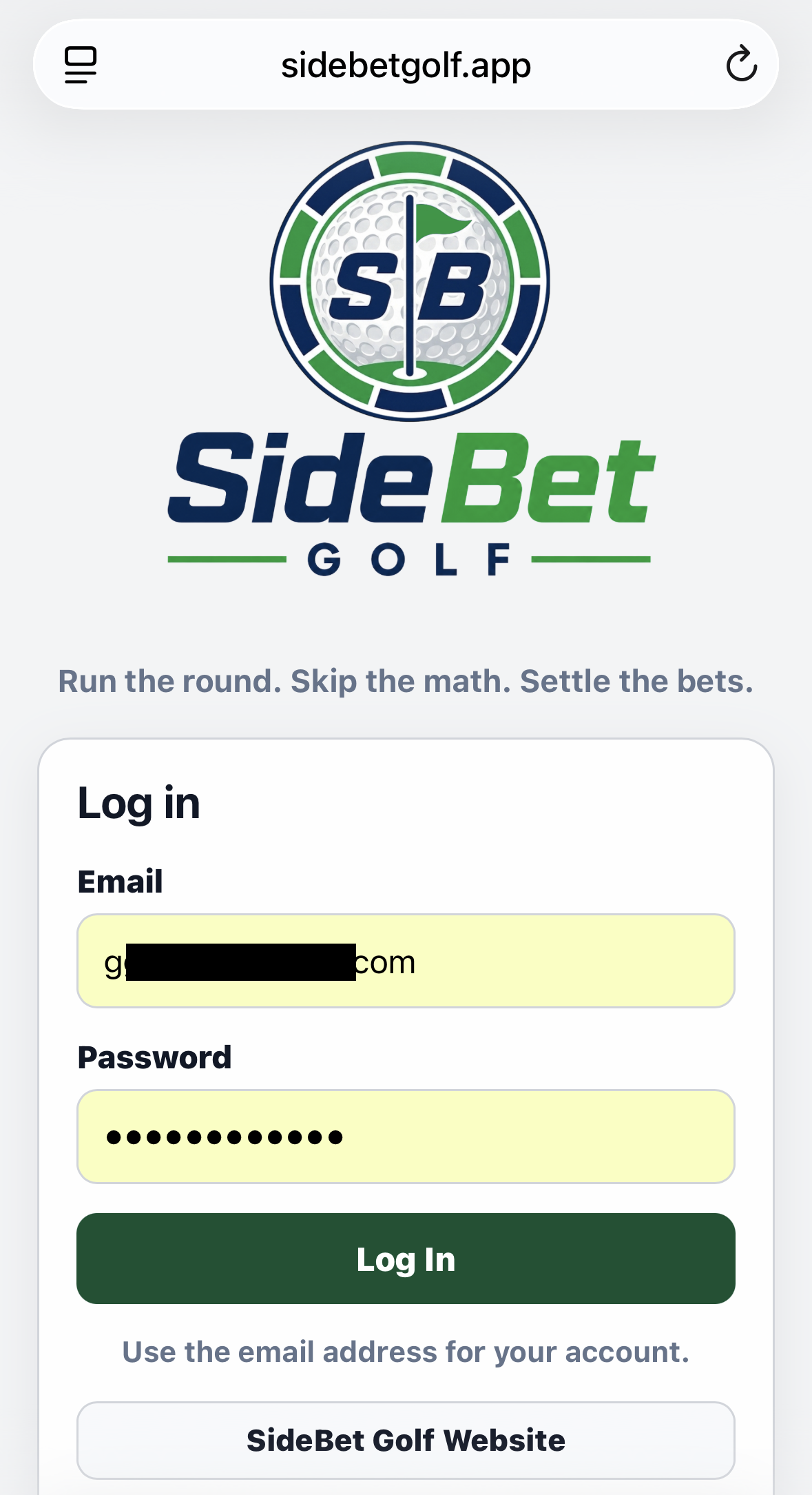 SideBet Golf player login screen